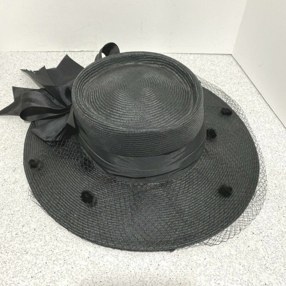 Vintage Betmar Plaza Suite ladies black wide brim straw hat fascinator bow derby